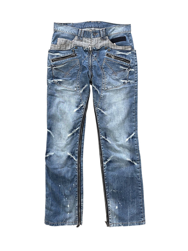 Plaid Layered Double Waist Full-Zip Denim