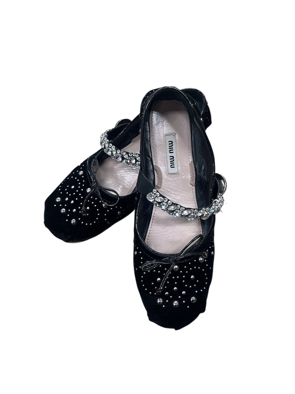 -MIU MIU- Bijoux Strap Velvet Ballet Flats