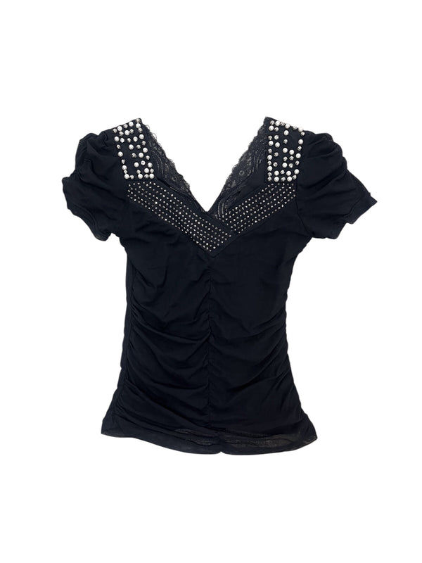Studded V-Neck Shirred Top