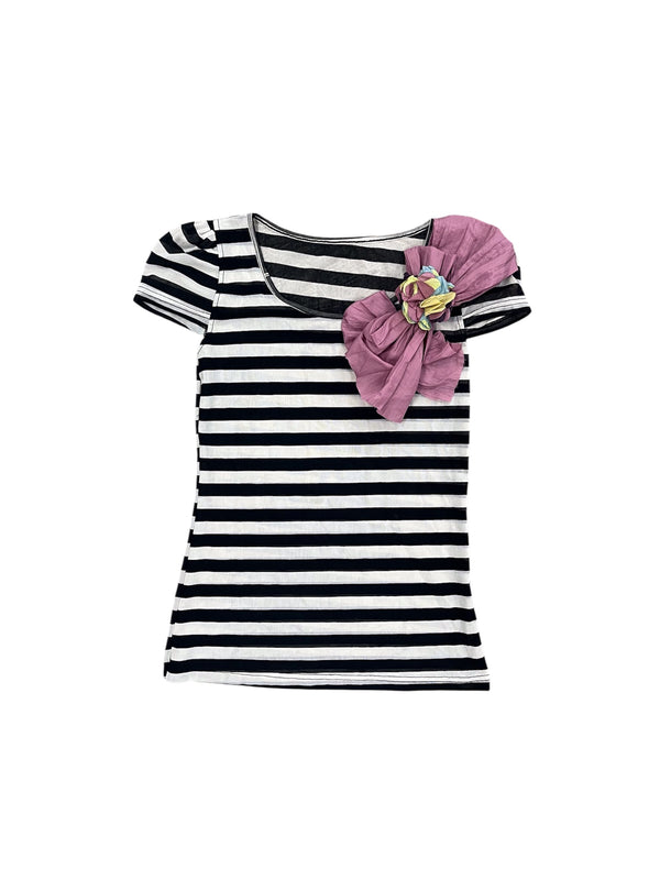 Striped Top with Rosette Ribbon