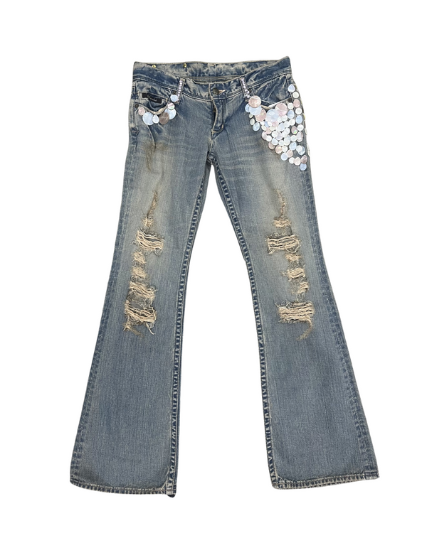 Sequin-Crusted Distressed Flare Jeans