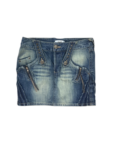 Studded Strap Double Zip Denim Mini Skirt