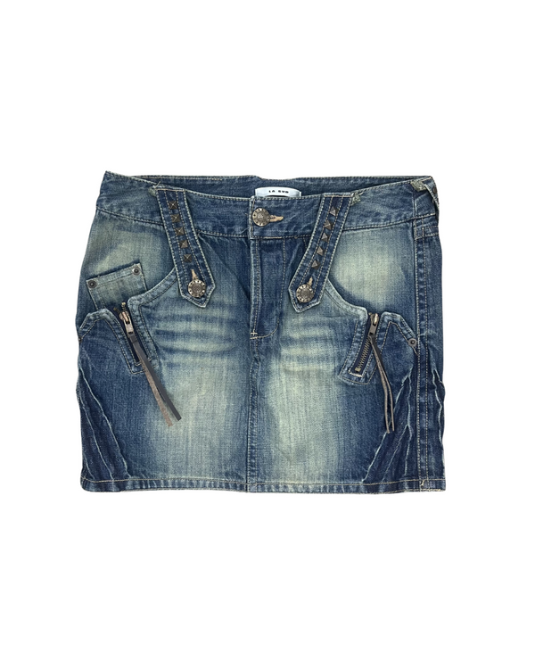 Studded Strap Double Zip Denim Mini Skirt