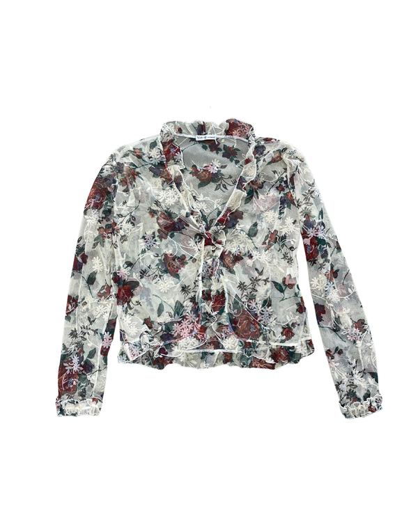 Flower Embroidery See-through Frill Top