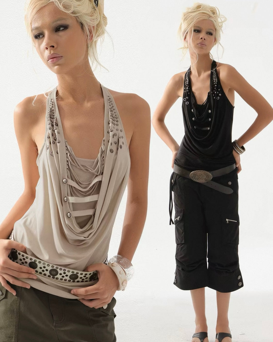 [DoublePunch] Metallic Studded Cowl Neck Halter Camisole
