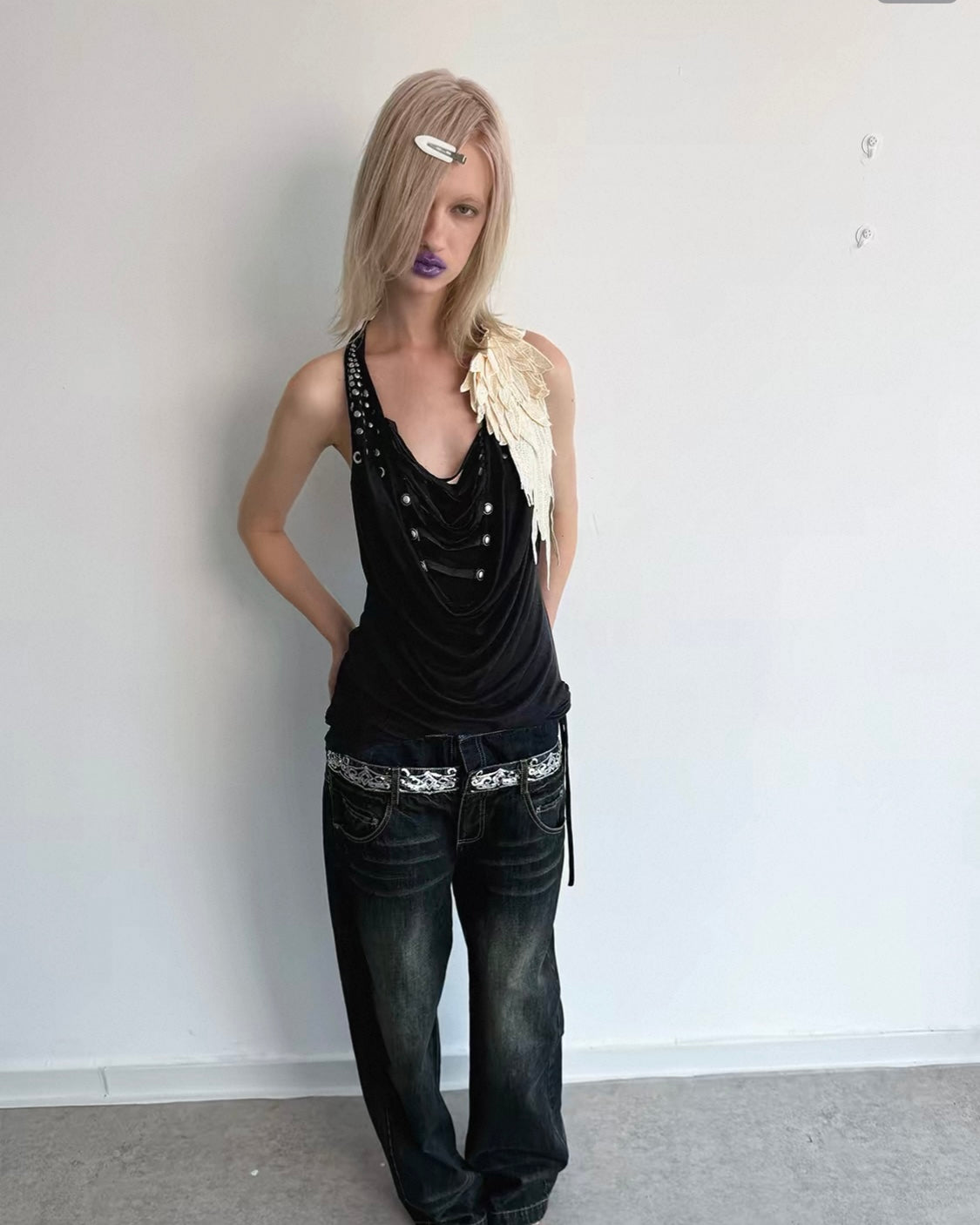 [DoublePunch] Metallic Studded Cowl Neck Halter Camisole