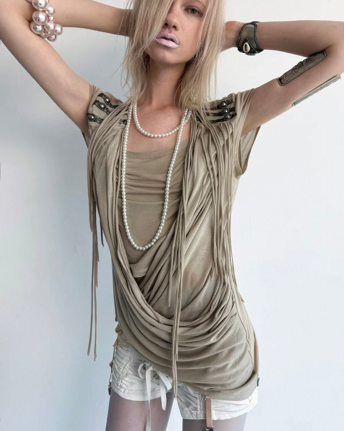 [DoublePunch] Desert Fringe Ruched Cowl Top
