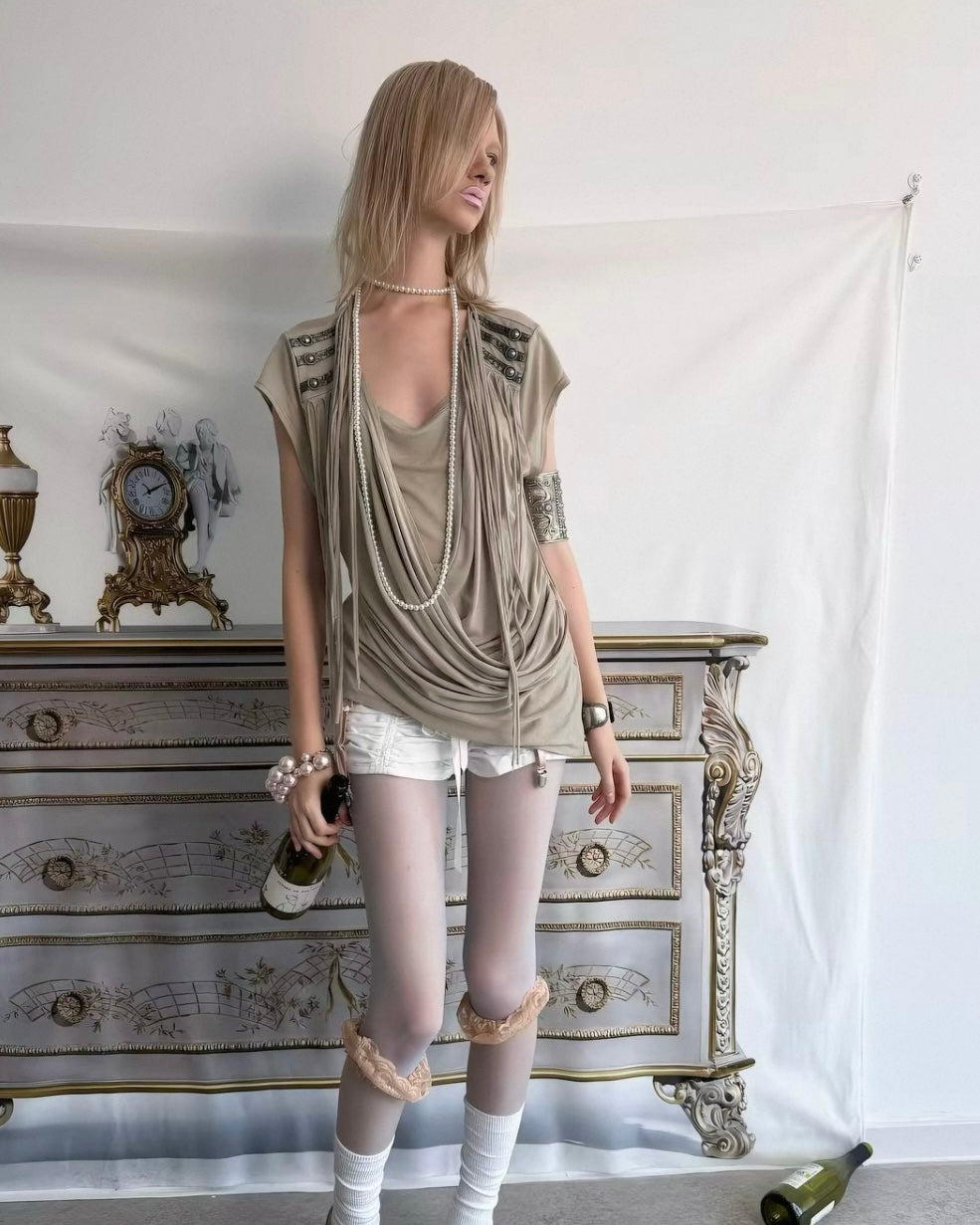 [DoublePunch] Desert Fringe Ruched Cowl Top