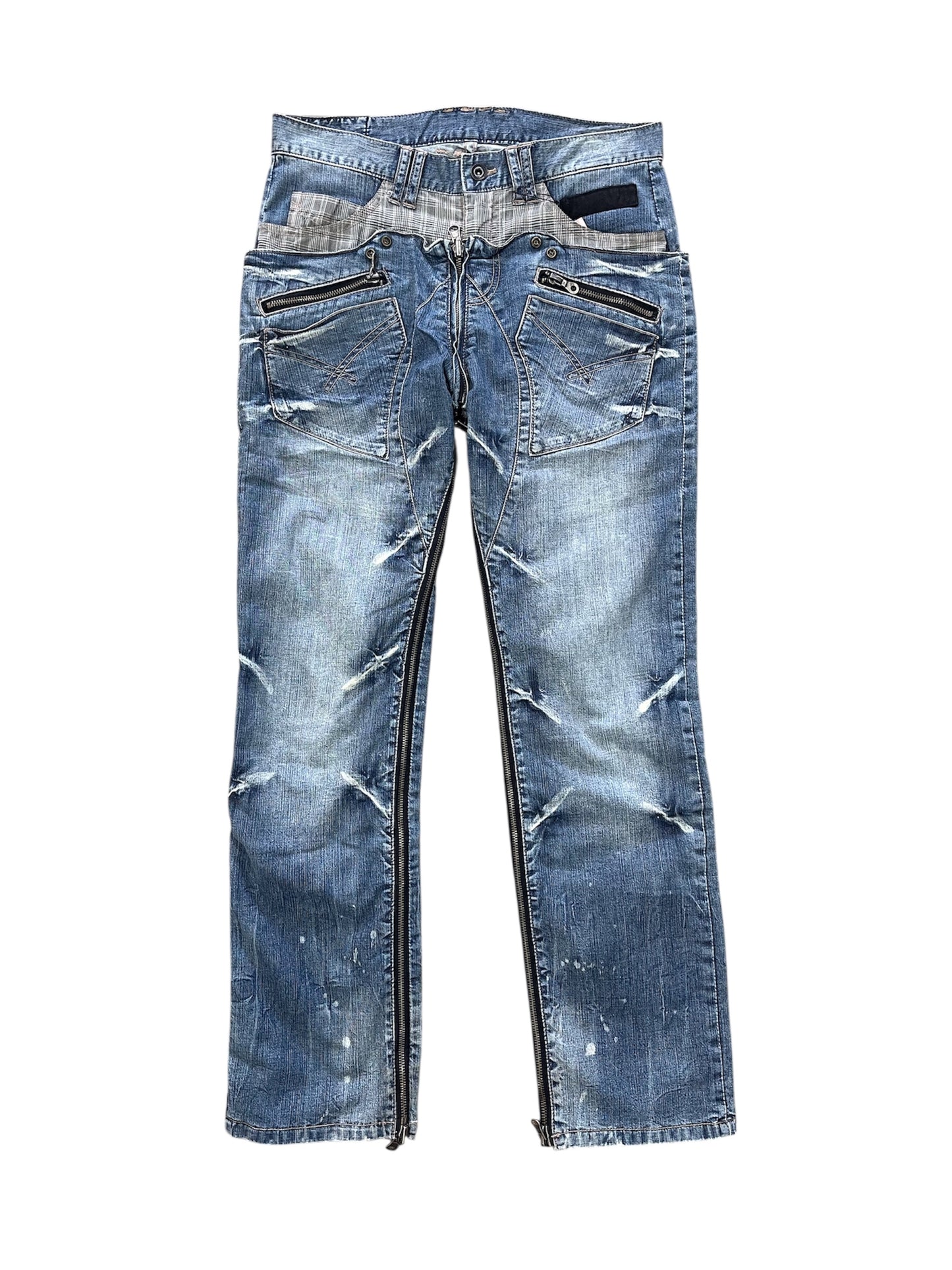 Plaid Layered Double Waist Full-Zip Denim