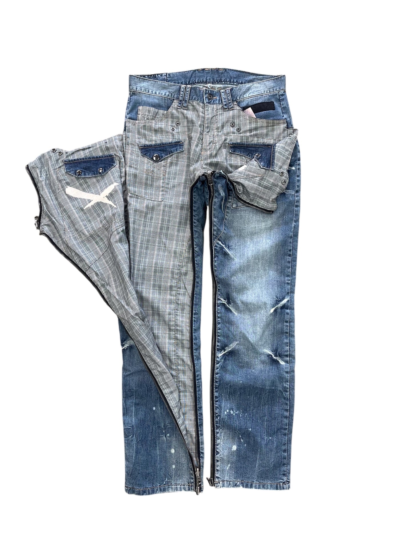 Plaid Layered Double Waist Full-Zip Denim