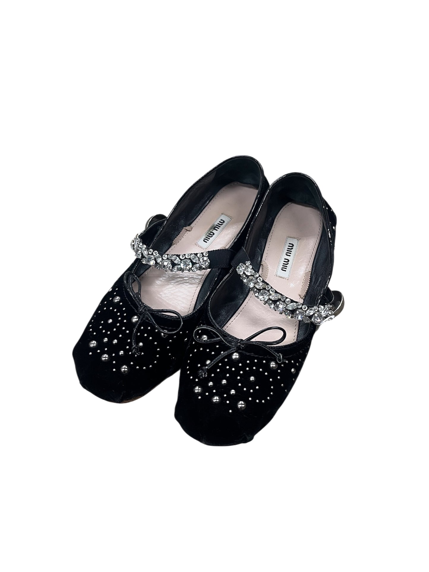 -MIU MIU- Bijoux Strap Velvet Ballet Flats