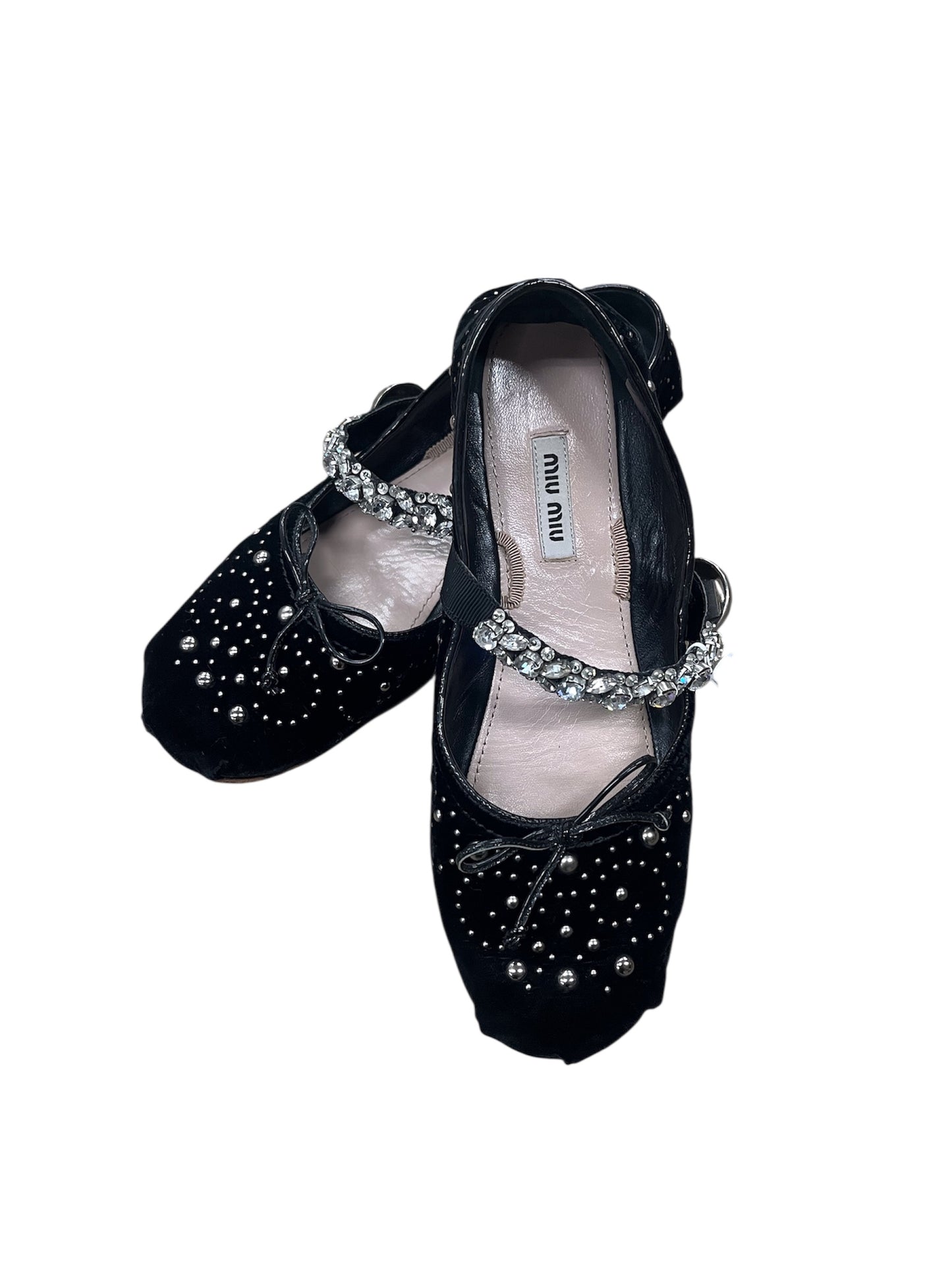 -MIU MIU- Bijoux Strap Velvet Ballet Flats