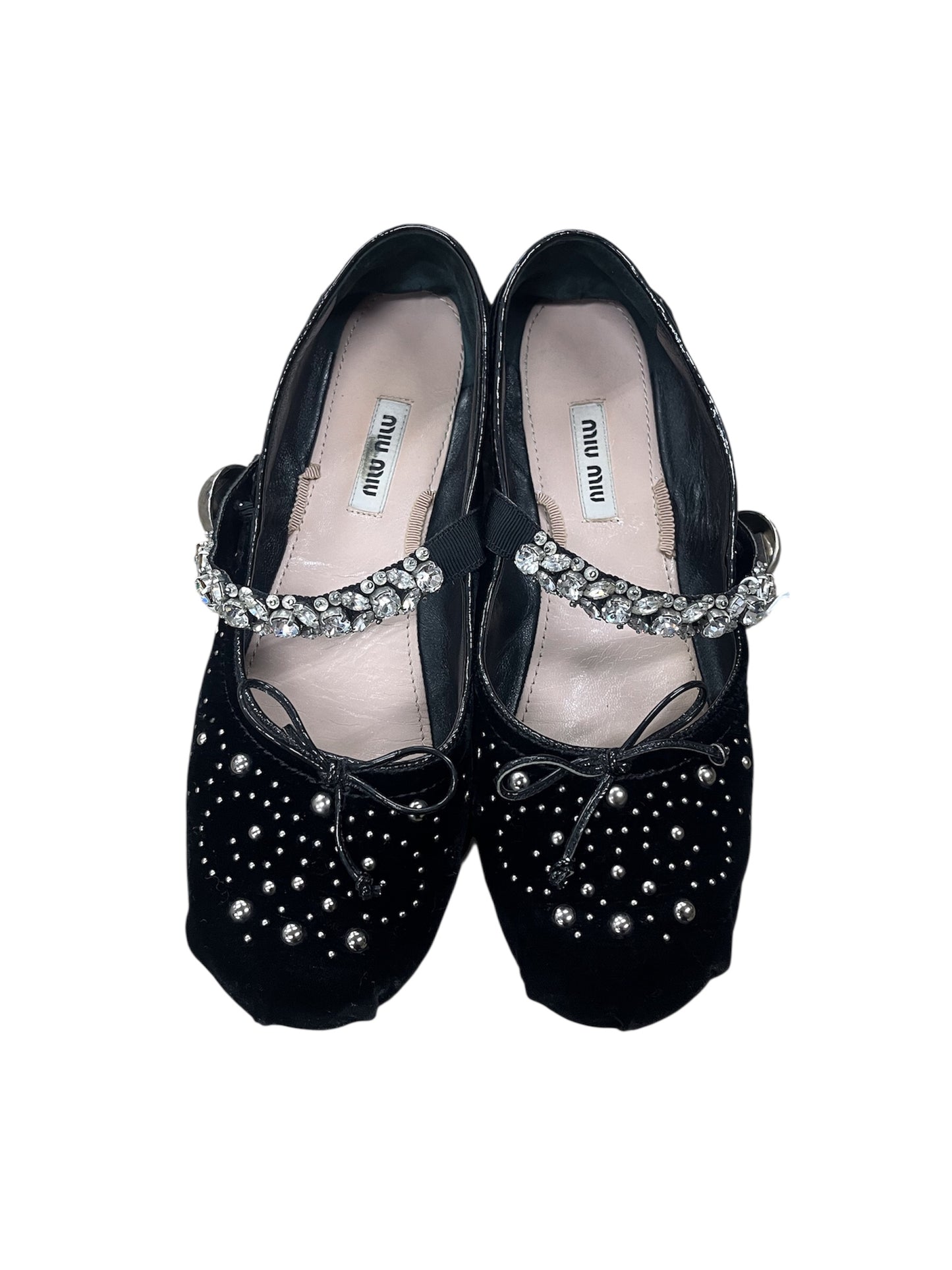 -MIU MIU- Bijoux Strap Velvet Ballet Flats