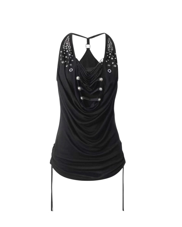 [DoublePunch] Metallic Studded Cowl Neck Halter Camisole