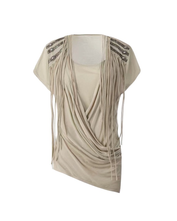 [DoublePunch] Desert Fringe Ruched Cowl Top