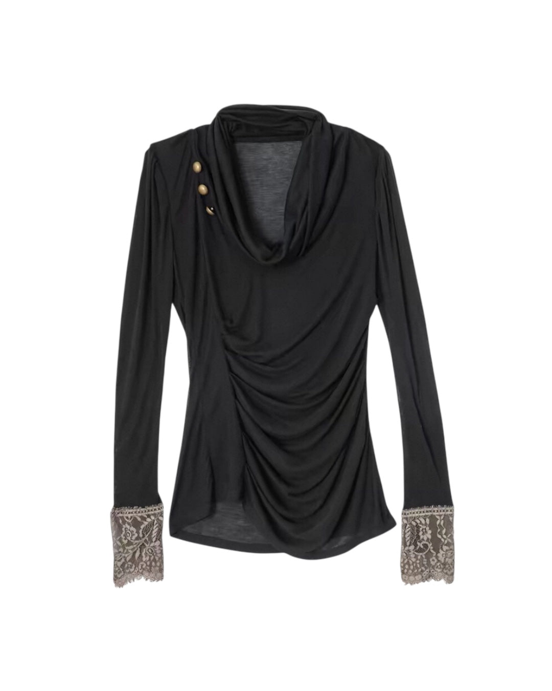 [DoublePunch] Lace Patchwork Cowl Neck Mutton Sleeve Top