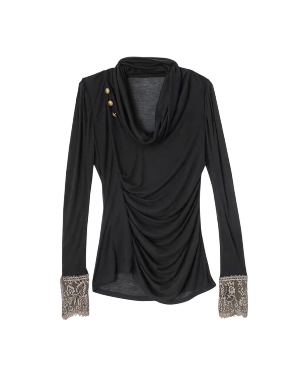 [DoublePunch] Lace Patchwork Cowl Neck Mutton Sleeve Top