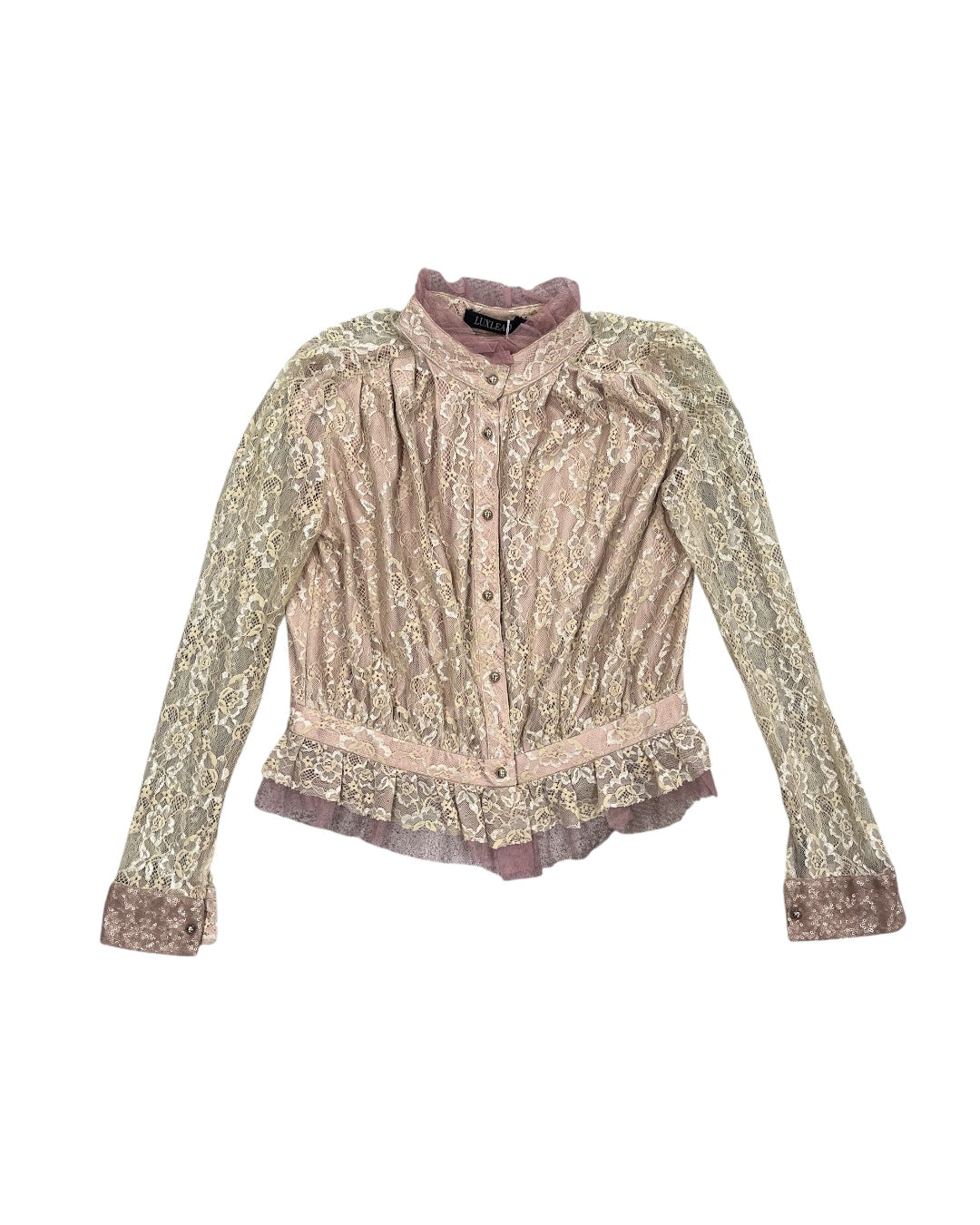 Lace High-Neck Ruffle Hem Blouse