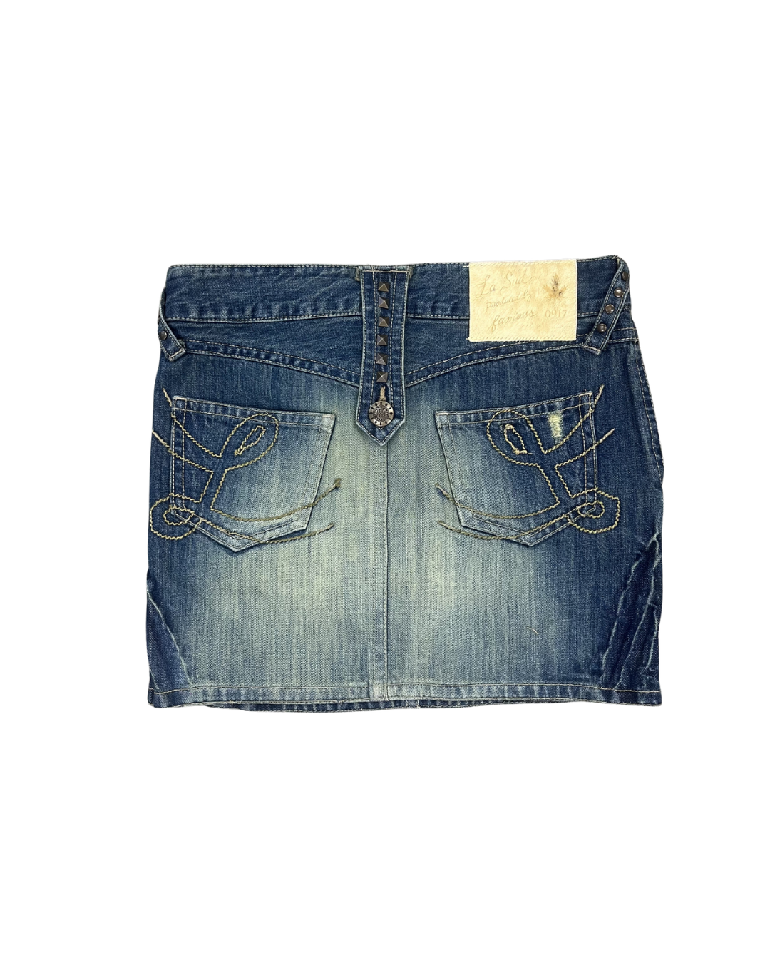 Studded Strap Double Zip Denim Mini Skirt